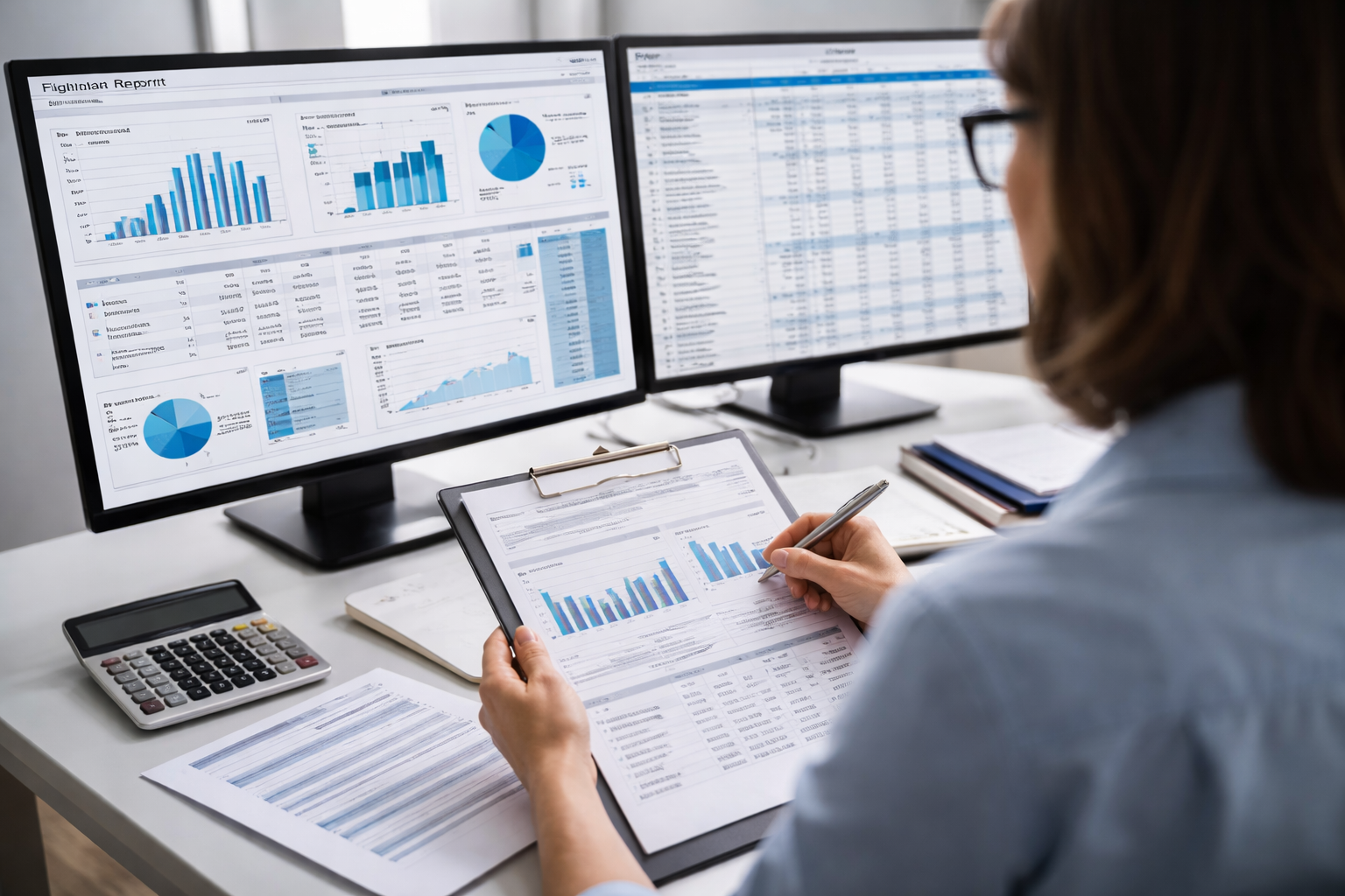 En person ser på to dataskjermer med diagrammer, grafer og dataanalyse, samtidig som de skriver på et dokument med tilsvarende grafer. På skrivebordet ligger en kalkulator, et notat og noen dokumenter.