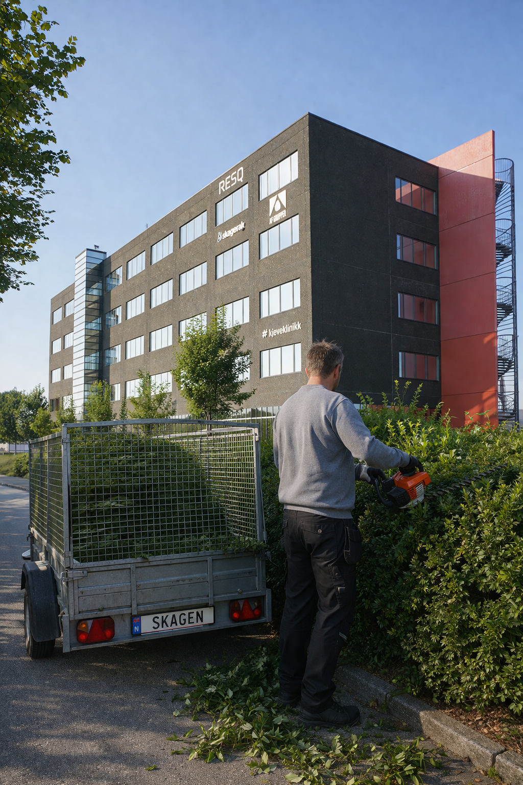 En mann klipper busker med en trimmer foran en kontorbygning.