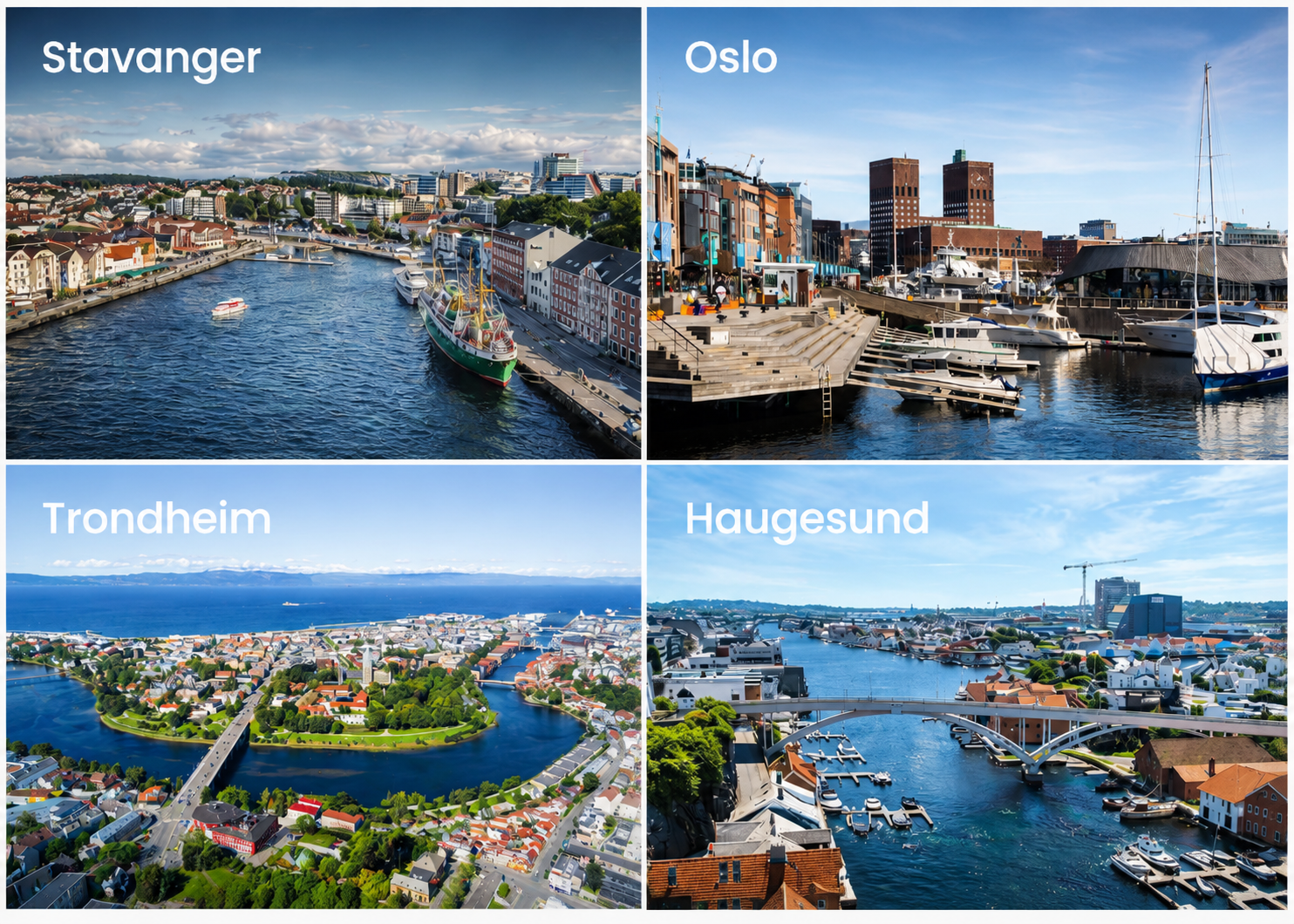 Fire bilder av norske byer: Stavanger med havn og båter, Oslo med urbane marinaer, Trondheim med elv og bylandskap, Haugesund med maritimt havneområde.