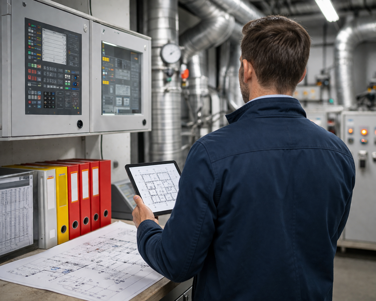 En mann i blå arbeidsdress ser på en plan på en nettbrett i en industriell setting med kontrollpaneler og teknisk utstyr.
