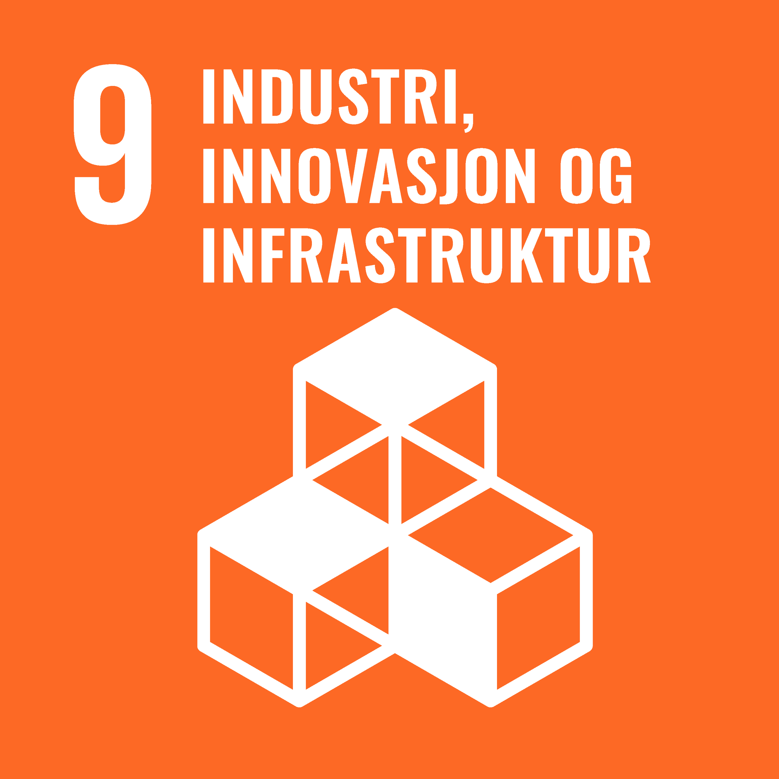 Orange tale med hvit tekst og et grafisk bilde av en åpen boks og tre kuber under, som viser et budskap om å bruke infrastruktur, innovasjon og industri.
