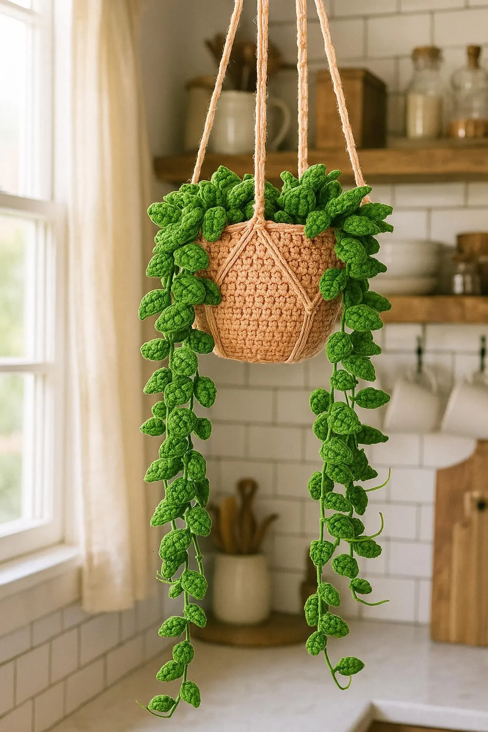 A hanging plant in a woven pot with green foliage, inside a kitchen with white subway tile walls and wooden shelves.