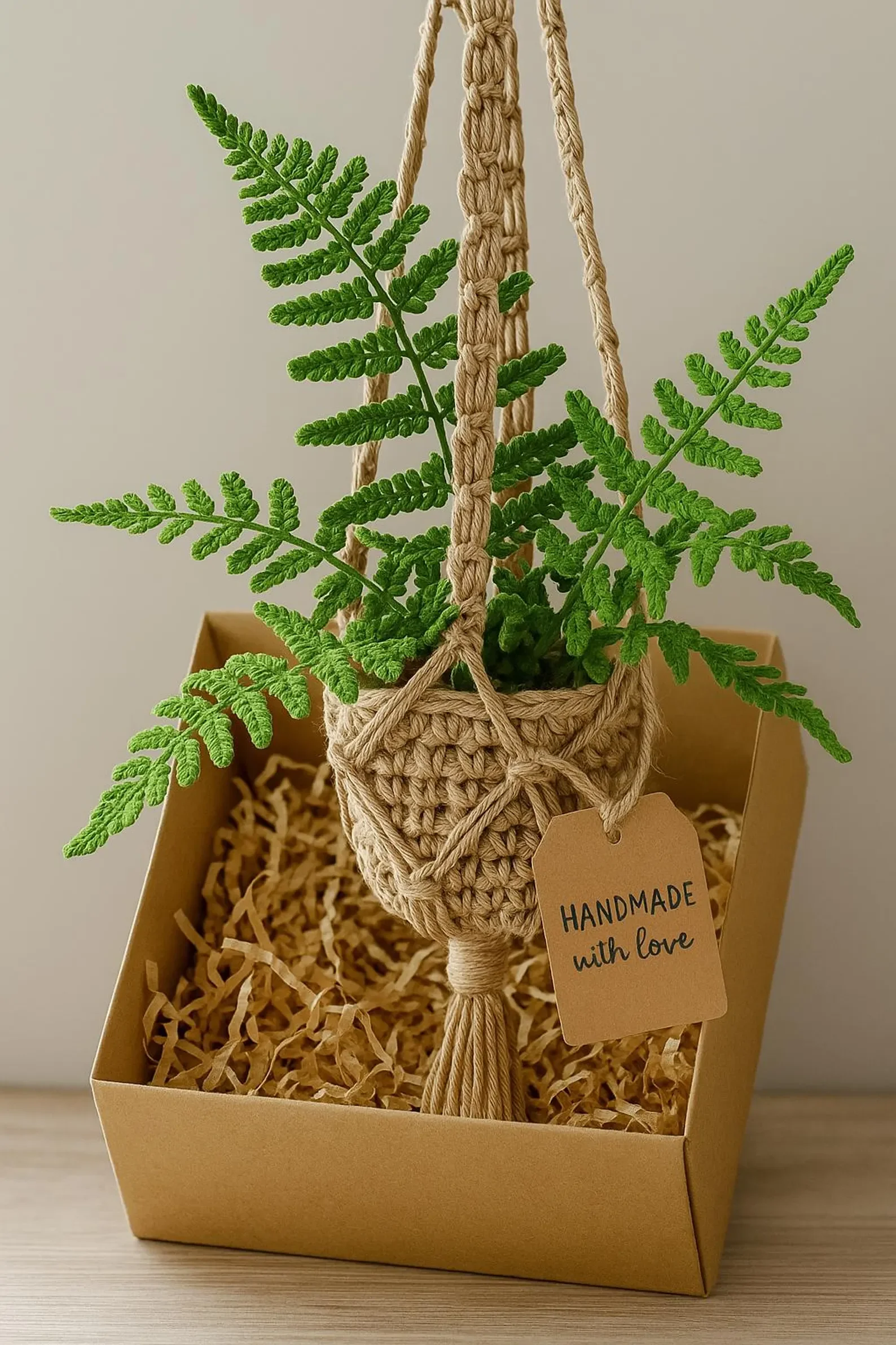 Crochet Fern Plant In Macrame Basket
