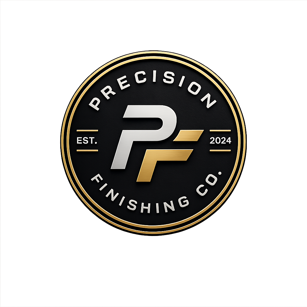 A circular logo for Precision Finishing Co. established in 2024, featuring a black background with gold and silver accents, and the initials 'PF' in the center.