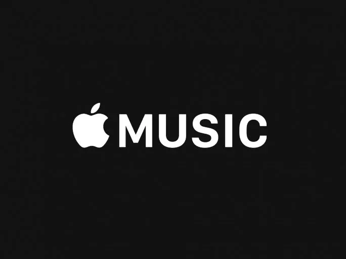 Schwarzer Hintergrund mit weißem Apple-Logo und dem Wort 'MUSIC' in Großbuchstaben.