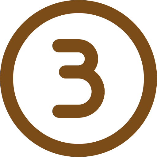 A brown circular badge with the number three in the center.
