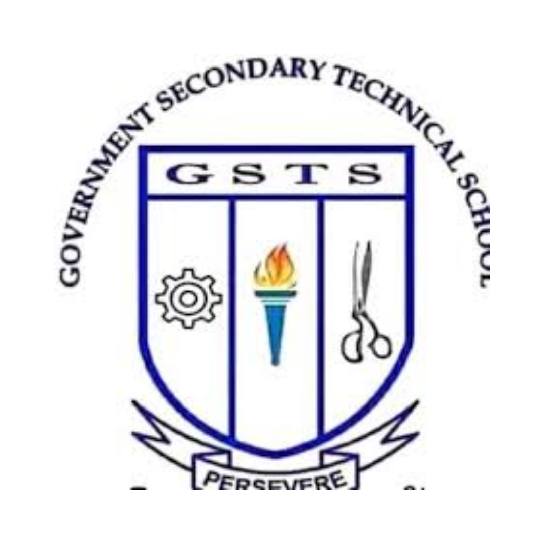 Seal of the Government Second Technical School with a shield divided into three sections, containing symbols for engineering gear, a torch, and scissors, with text above and below.