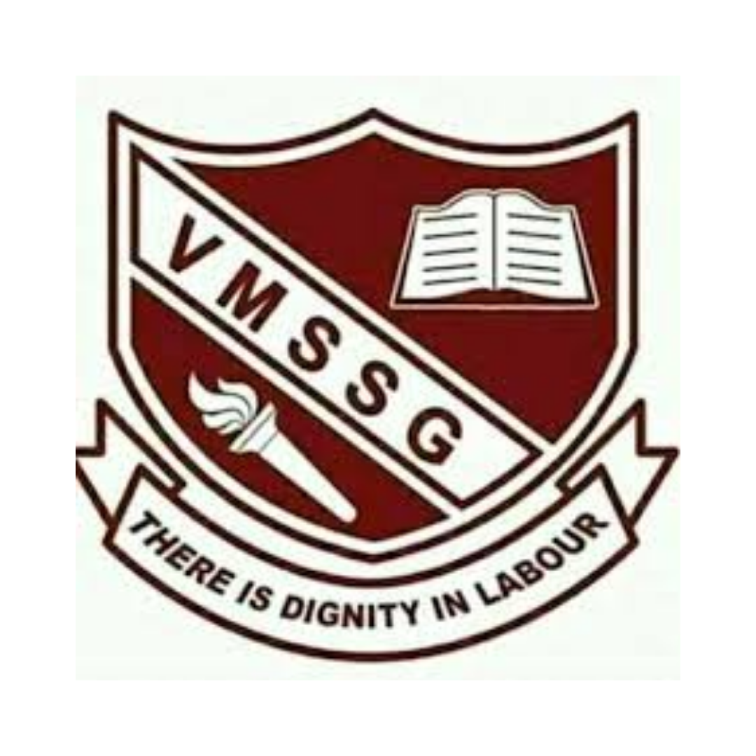 A school emblem with a shield featuring a book and a torch, with the acronym VMS SSG and the motto ''There is dignity in labour.''