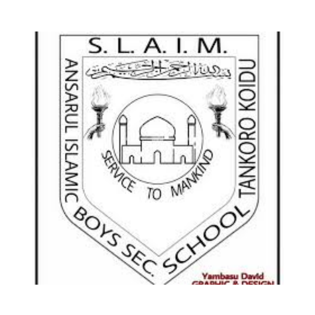 A black-and-white emblem with the phrases "S.L.A.I.M." at the top, "Serving to Mankind" in a circle around a mosque illustration at the center, and "Boys Sec. School Tando Kor Koidu" around the bottom. It features two torches on either side of the mo
