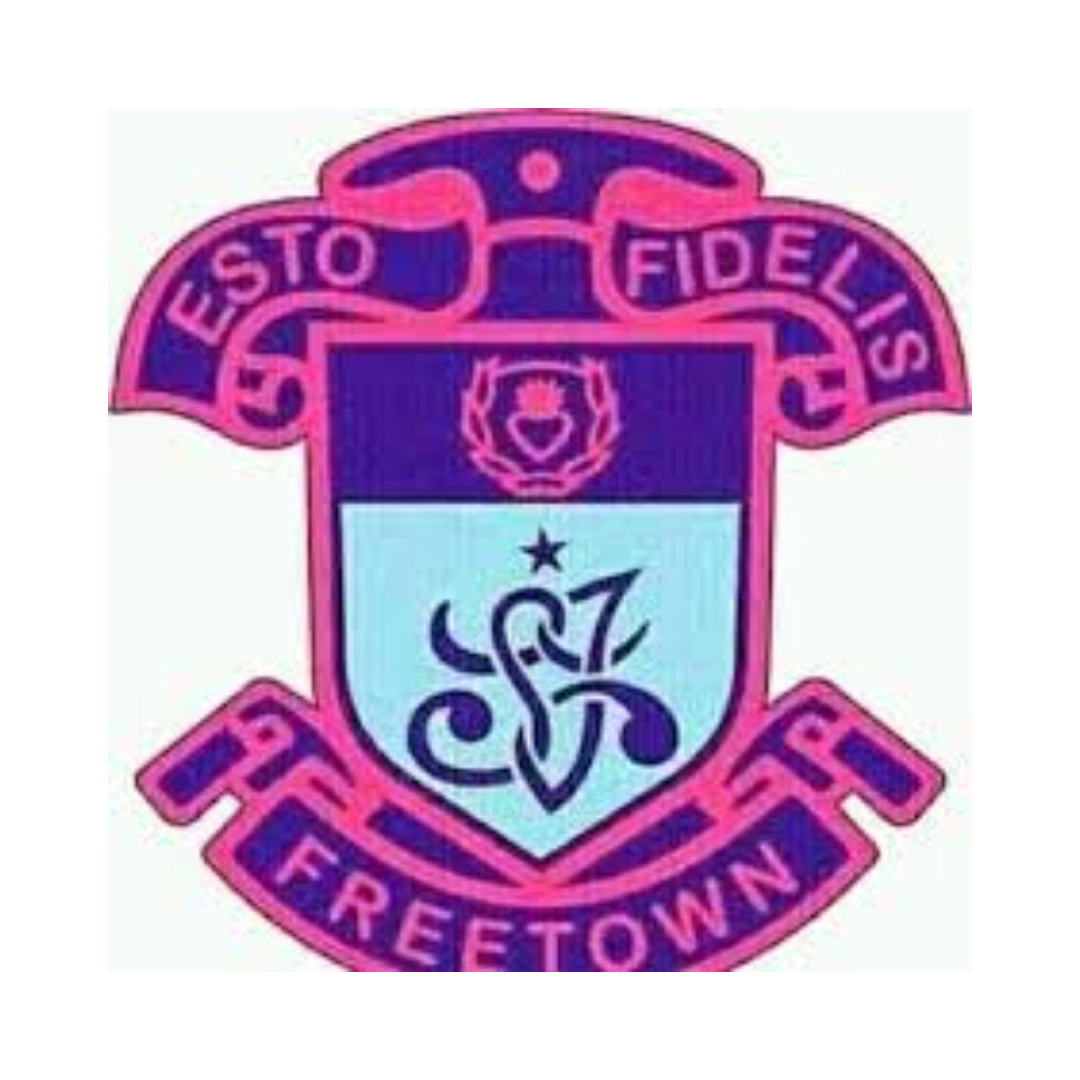 School crest with shield, star, and stylized initials, surrounded by pink and purple banner reading 'Gesto Fideilis' and 'Freetown'