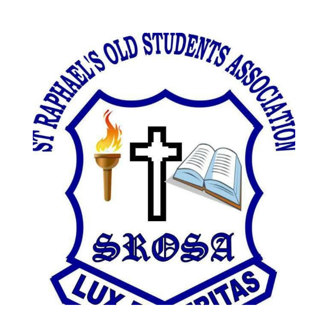 Logo of Saint Raphael's Old Students Association showing a torch, cross, open book, and the text 'S R A S O S A' with the motto 'LUX ET VERITAS'.