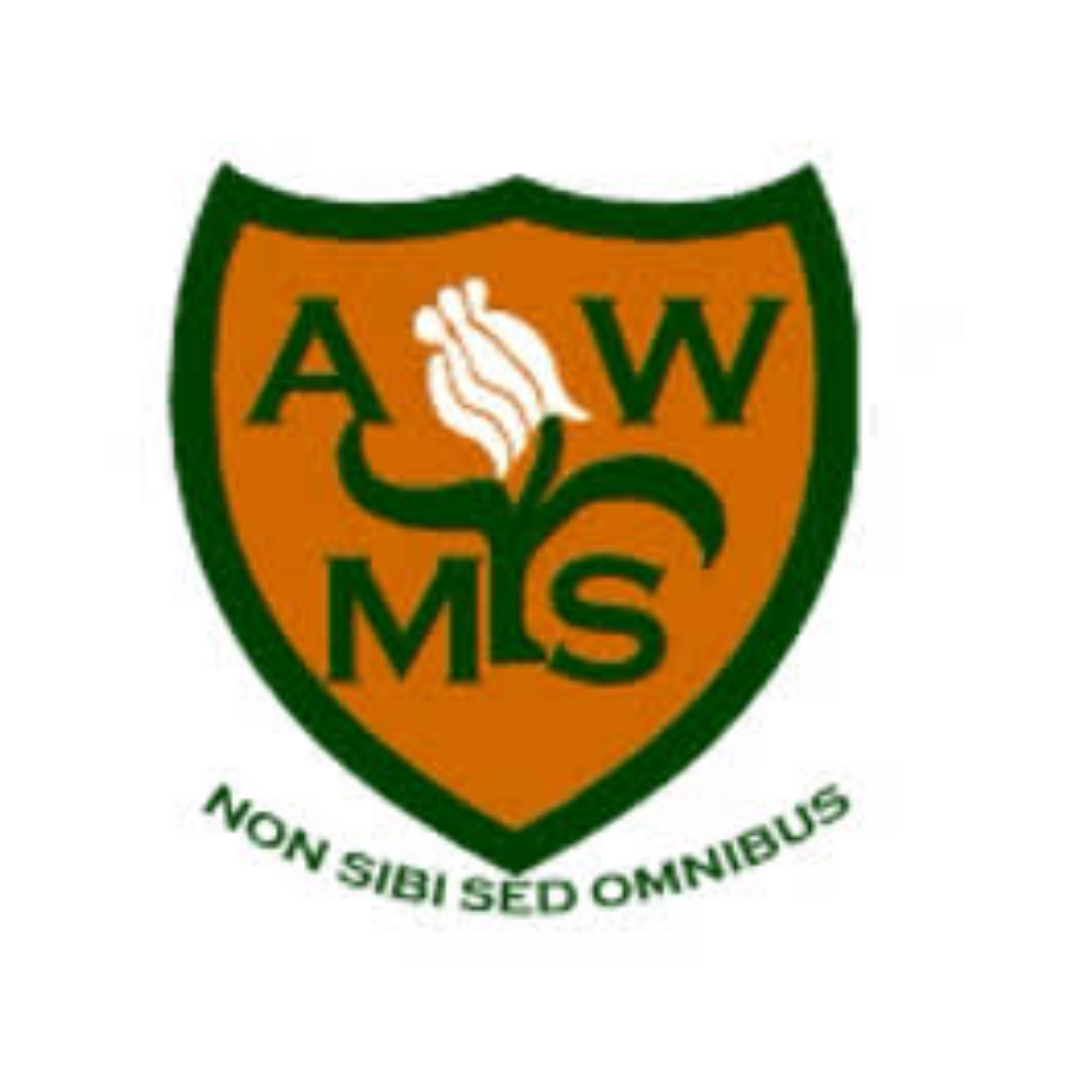 A shield-shaped emblem with a green border and an orange background. It features a white wheat stalk intertwined with a green snake, flanked by the letters A, W, M, and S. Below, the Latin phrase "NON SIBI SED OMNIBUS" is written in green.