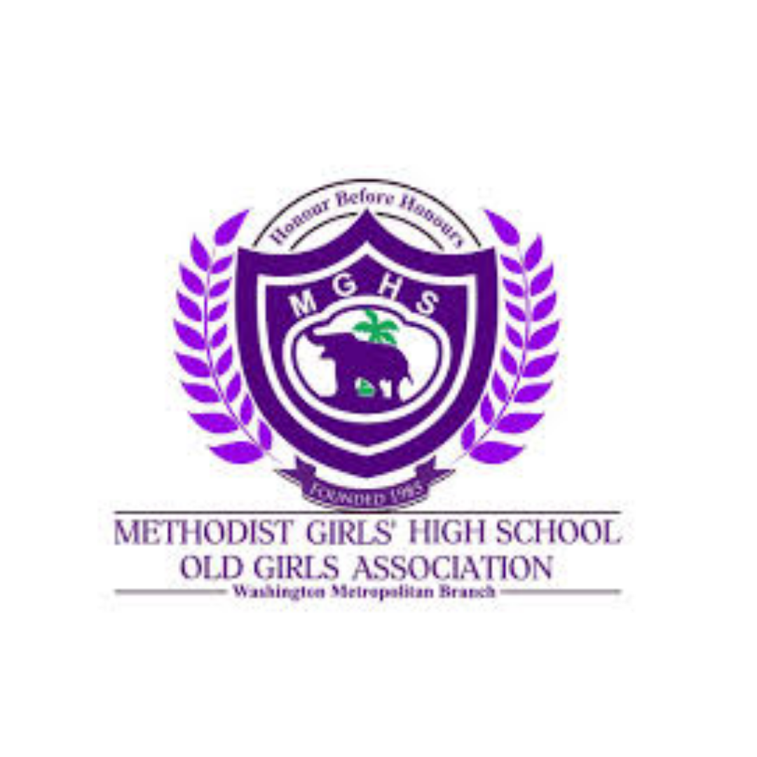 Logo of Methodist Girls High School Old Girls Association, Washington Metropolitan Branch, featuring a shield with a purple border, a silhouette of an elephant with a green palm tree in the background, surrounded by purple laurel branches, and the mo