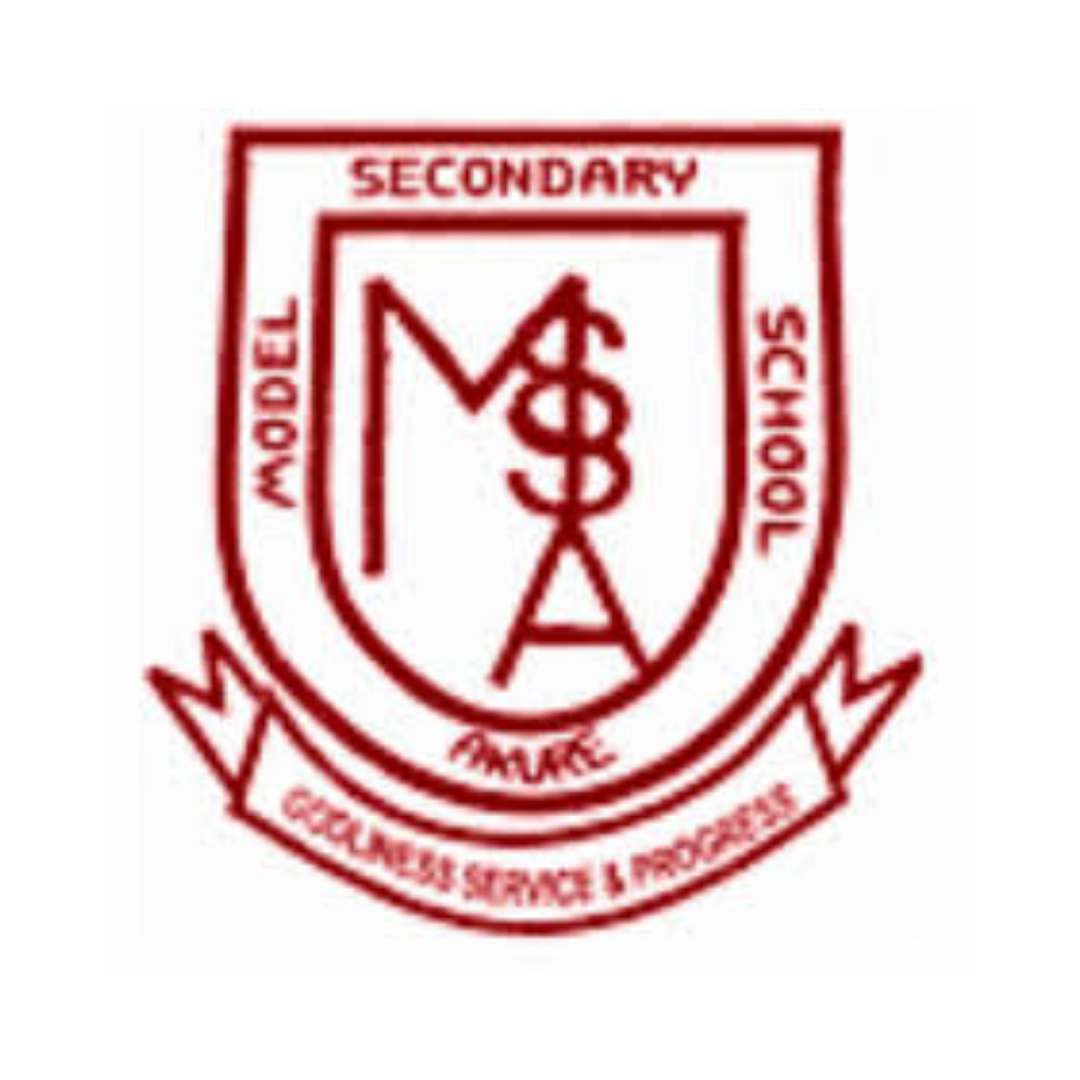 A school crest with the words 'Model Secondary' and 'Guidance Service & Prospect' around a shield containing a stylized 'V' and a caduceus symbol.