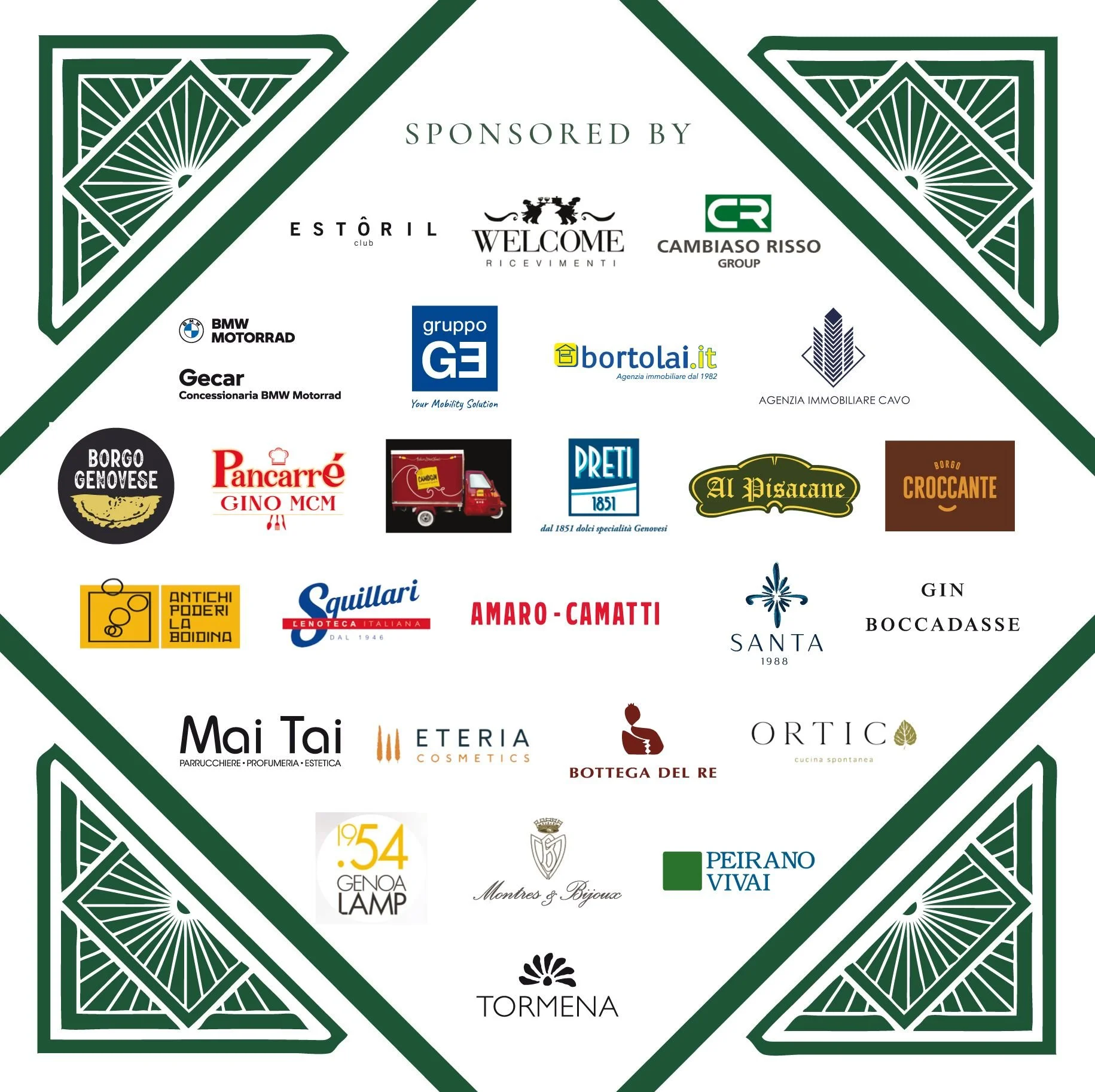 Una composizione di numerosi loghi di imprese e marchi, disposto in una griglia su uno sfondo bianco con angoli decorati da motivi geometrici verdi.