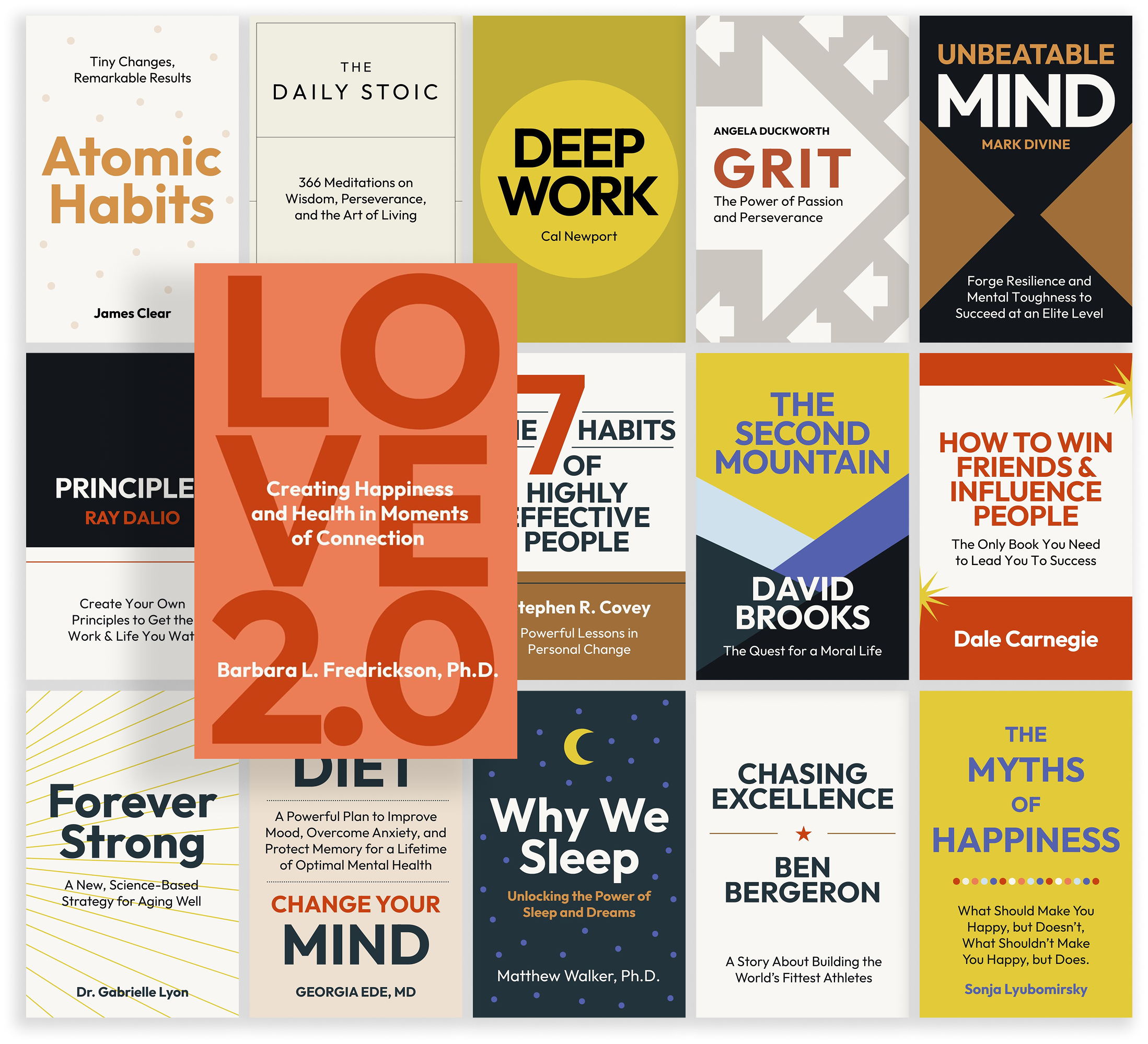 Buchcover mit Titeln: 'Atomic Habits', 'Deep Work', 'Grit', 'Creating Happiness and Health in Moments of Connection', 'The Second Mountain', 'How to Win Friends & Influence People', 'Forever Strong', 'Change Your Mind', 'Why We Sleep', 'Chasing Excellence', 'The Myths of Happiness'.