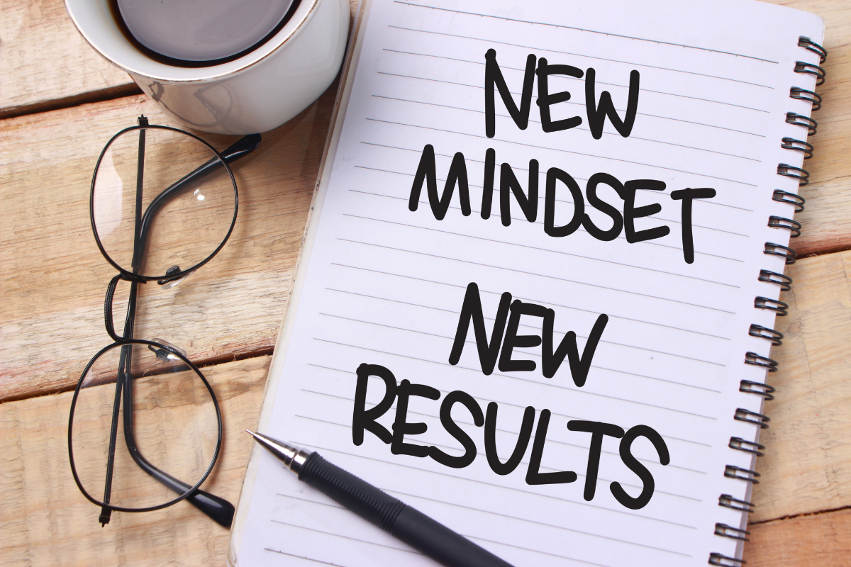 Notizbuch mit der Aufschrift 'New Mindset, New Results', eine Tasse Kaffee, eine Brille und ein Kugelschreiber auf einem Holzschreibtisch.