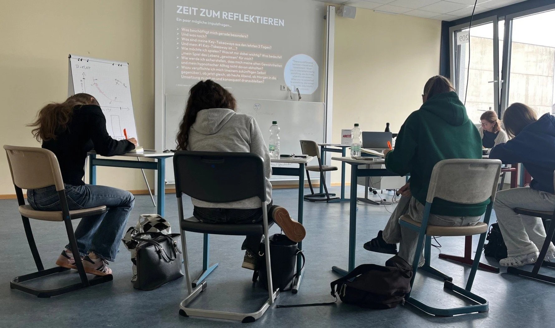 Eine Gruppe von fünf Personen sitzt in einem Klassenraum und nimmt an einem Unterricht teil, während eine Präsentation auf einem Projektor an der Tafel angezeigt wird.