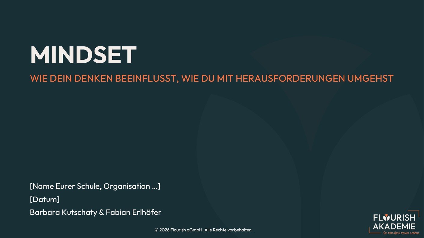 Titelbild einer Präsentation mit dem Titel 'Mindset: Wie dein Denken beeinflusst, wie du mit Herausforderungen umgehst'.