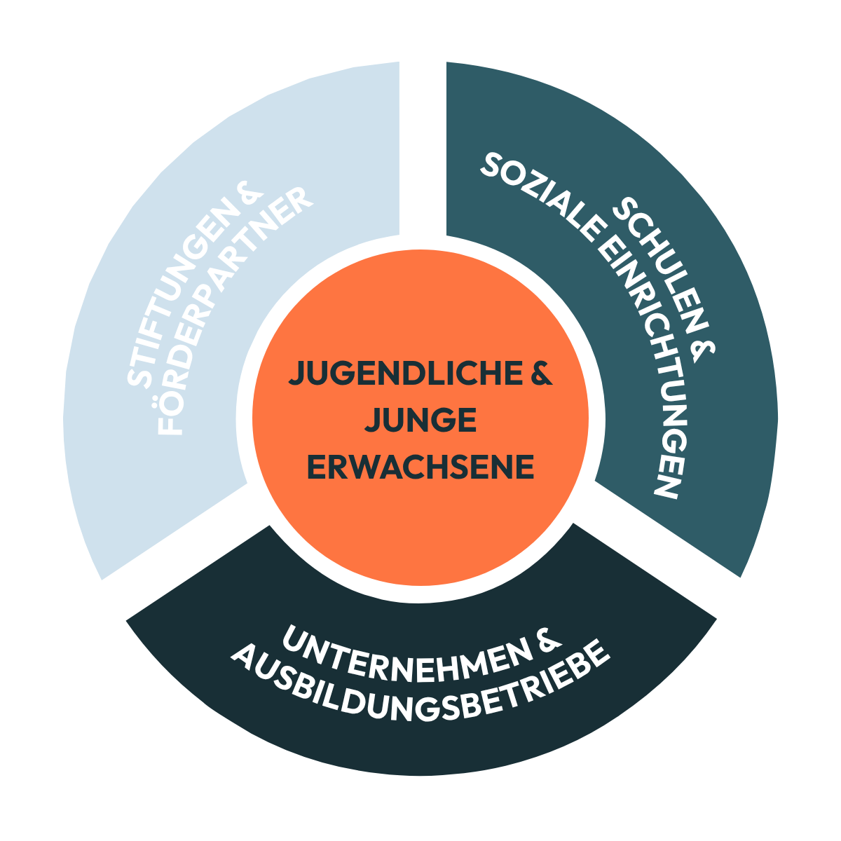 Grafik zeigt vier Segmenten um die zentrale Gruppe 'Jugendliche & junge Erwachsene', die die Zielgruppe ist. Die Segmente sind 'Schulen & Sozialenrichtungen', 'Unternehmen & Ausbildungsbetriebe', 'Stiftungen & Förderpartner', die alle auf das Ziel ausgerichtet sind, Jugendliche und junge Erwachsene zu unterstützen.