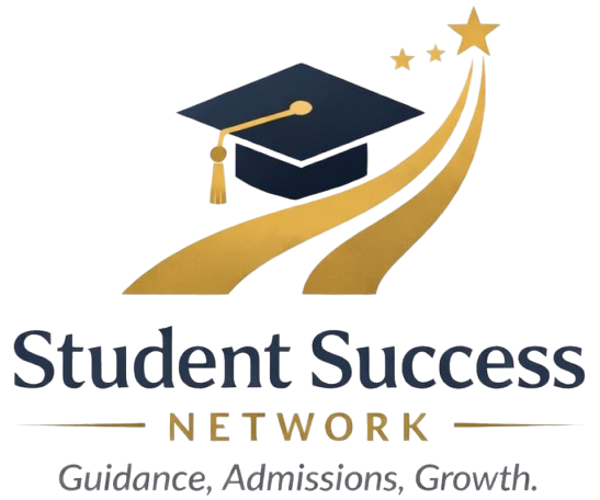 Graphic of a graduation cap and a golden pathway leading to stars, with the text 'Student Success Network' and the tagline 'Guidance, Admissions, Growth.'