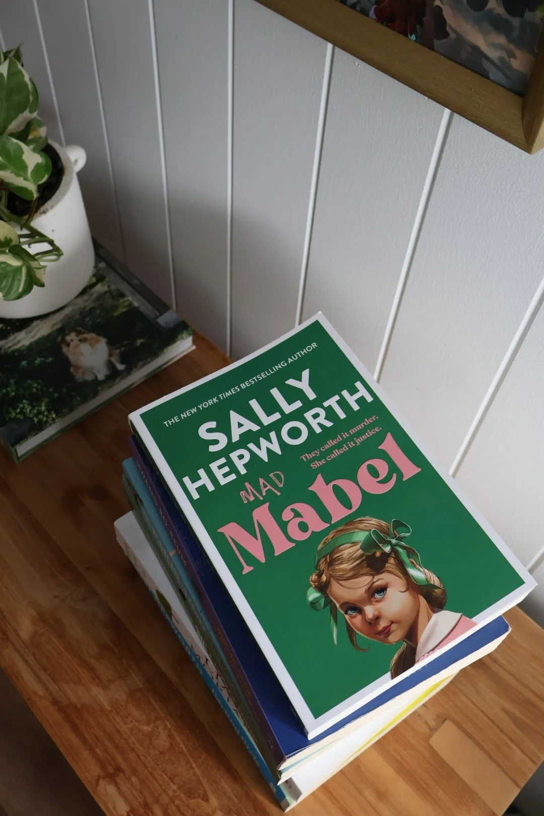A stack of books on a wooden table, with the top book being 'Mad Miss Mabel' by Sally Hepworth. There is a green potted plant and a book with a cat photograph nearby. The background features white paneling and a wooden picture frame.