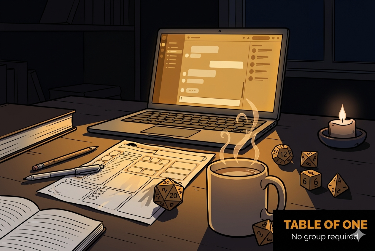 A desk illuminated by a candlelight with a laptop, open books, sketchbook, pens, a coffee mug emitting steam, and multiple dice, with text overlay reading 'Table of One, No group required.'