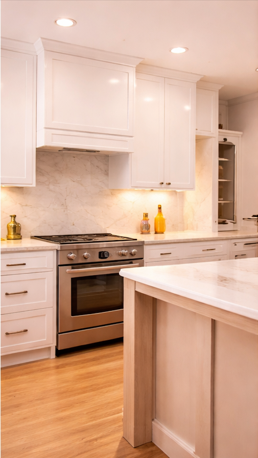 A modern white kitchen with cream marble countertops and backsplash, stainless steel oven, white cabinets, and wooden flooring. There's a kitchen island in the foreground and decorative bottles on the counter.