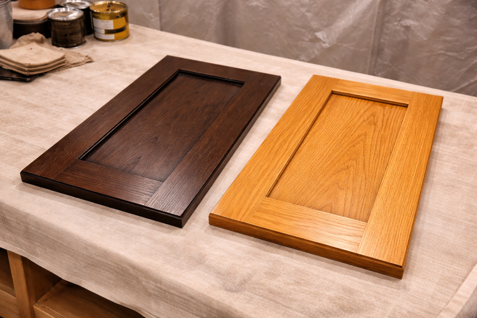 Two wooden cabinet doors, one dark brown and one light oak, placed on a beige cloth-covered work surface in a woodworking or carpentry shop.