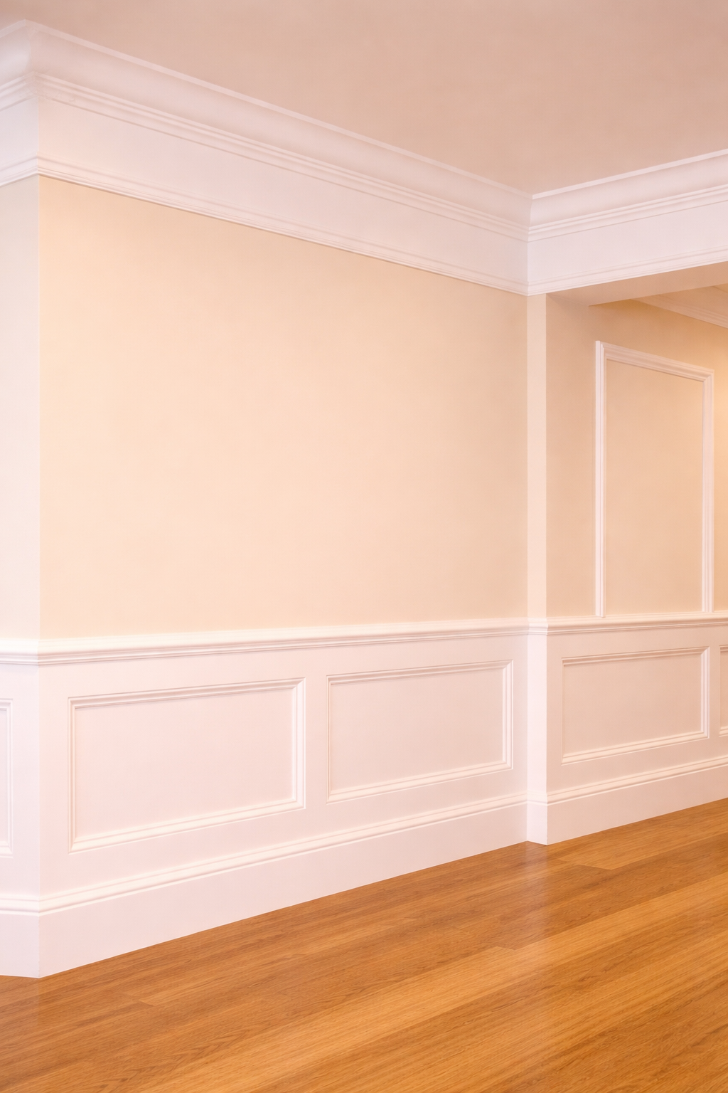 An interior corner of a room with beige walls, white crown molding, chair rail, and wainscoting, with a wooden floor.