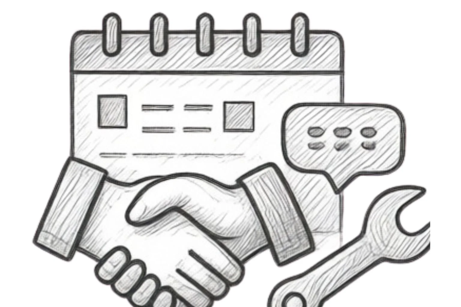 A hand-drawn sketch of a calendar, a handshake, a speech bubble, a wrench, and a speech bubble with an ellipsis, symbolizing communication, collaboration, and maintenance.