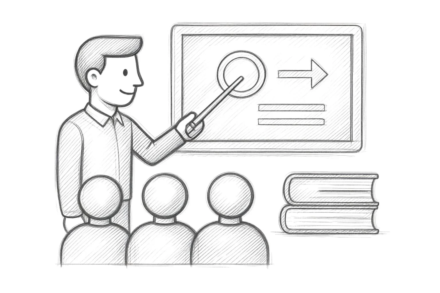 A person giving a presentation to three audience members with a pointer, a screen showing a circle and arrow, and a stack of books.