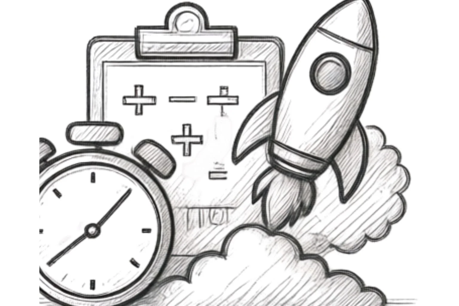 A sketch of a stopwatch, a clipboard with math symbols, a rocket, and clouds.