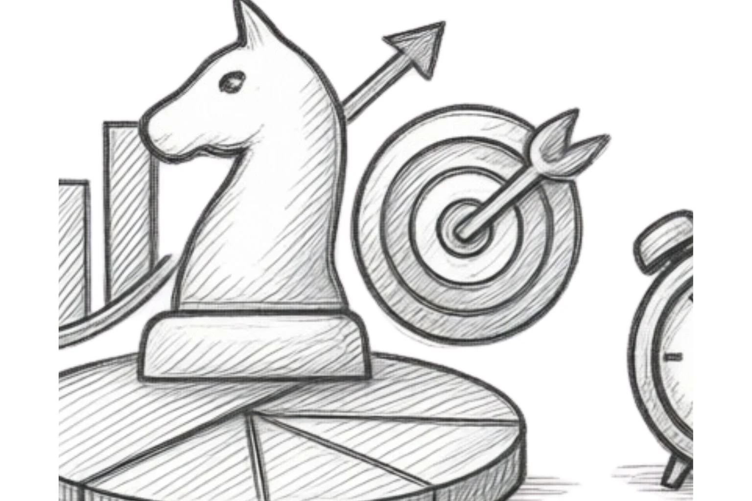 A sketch of a unicorn head with a bar graph in the background, a target with an arrow in the bullseye, and a clock, all on a circular platform.