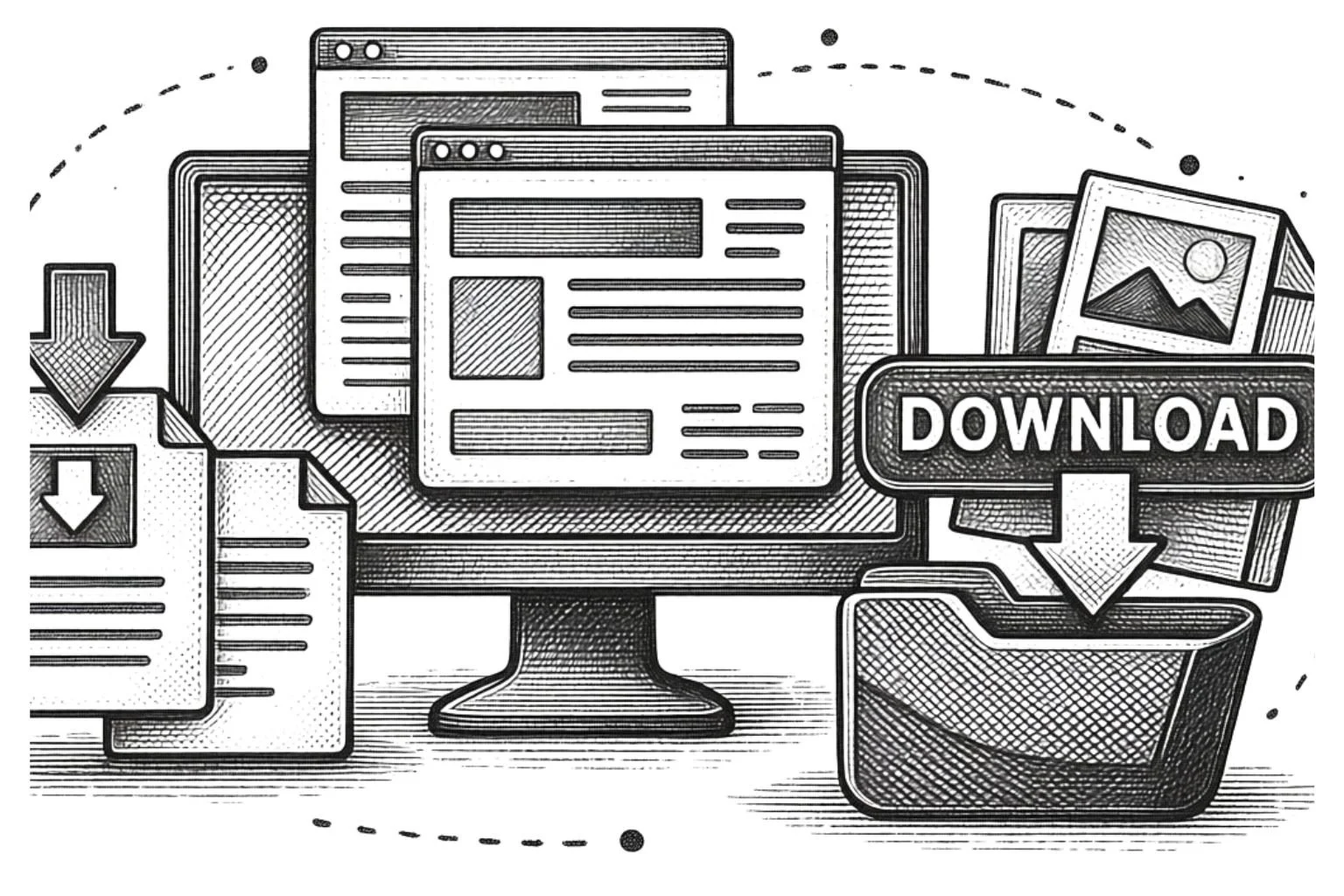 Illustration of digital download process with multiple browser windows, download icons, a folder, and a prominent download button.