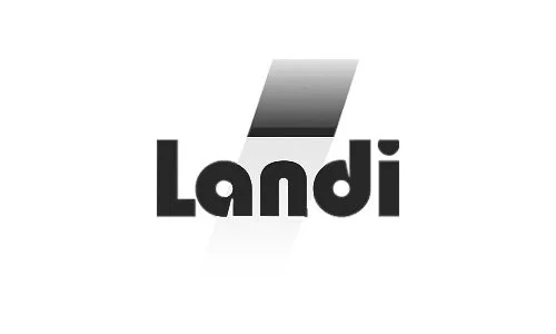 Schwarzes Logo mit der Aufschrift 'Landi' und einem diagonalen grauen Farbverlauf hinter dem Text.