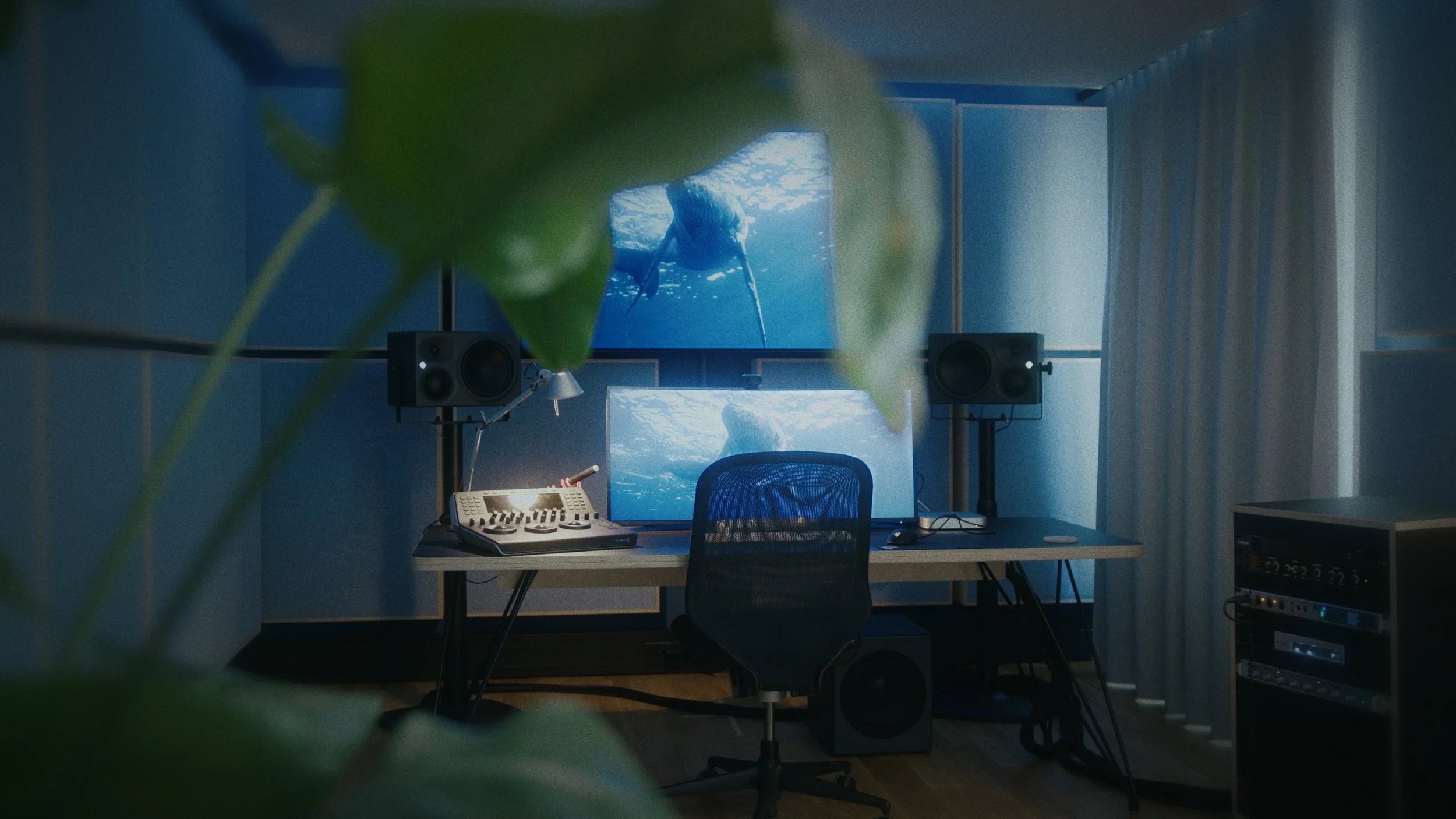 Ein Design- und Musikproduktionsraum mit zwei Monitoren, einem Mischpult, Lautsprechern und einem Stuhl, Blick durch einen Pflanzenblatt im Vordergrund.