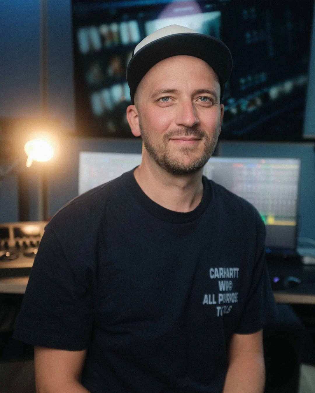 Ein Mann mit Baseballkappe und dunklem T-Shirt, der in einem Raum mit mehreren Monitoren sitzt, vermutlich ein Kreativ- oder Technologiebereich.