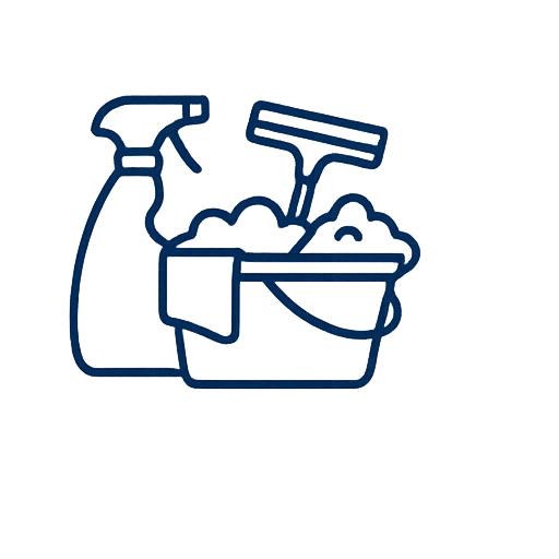 Line drawing of cleaning supplies including a spray bottle, scrub brush, and sponge in a bucket.