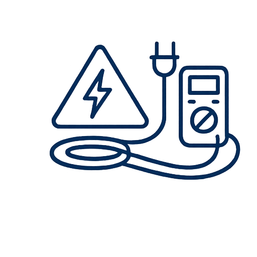 Outline of a warning triangle with a lightning bolt, an electric plug, and a multimeter, indicating electrical hazard or testing.