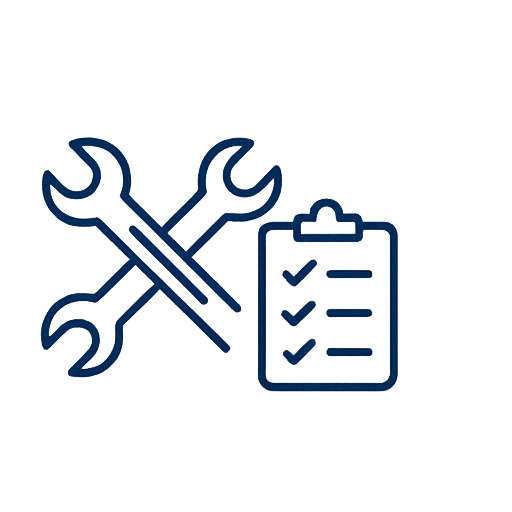 Icon of crossed wrench and screwdriver with a clipboard checklist.
