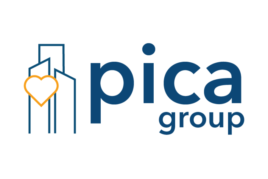 Logo for Pica Group featuring stylized skyscrapers and a heart within a cloud outline.