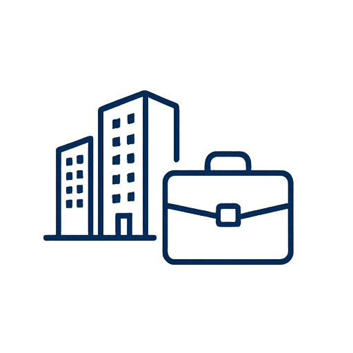 Outline of three office buildings and a briefcase.