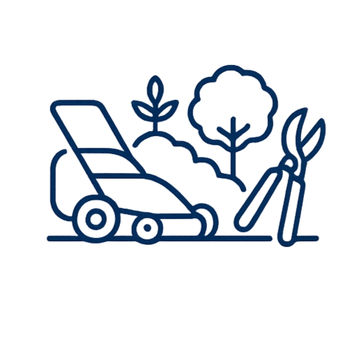 Outline of lawn mower, plants, and gardening tools.