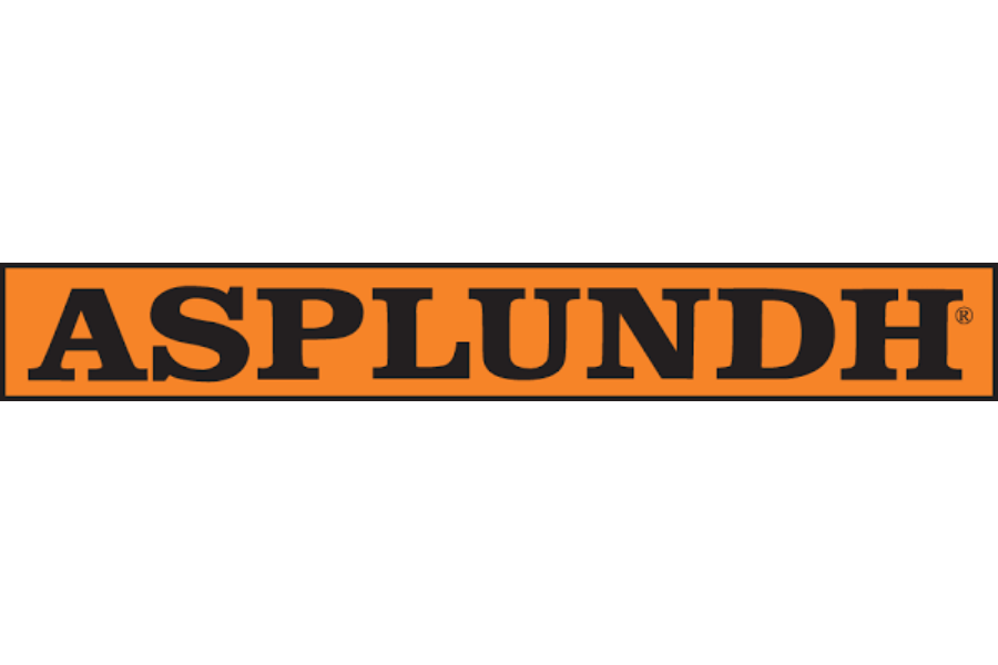 The image shows the logo of ASPLUNDH with bold black letters on an orange background, placed on a black backdrop.