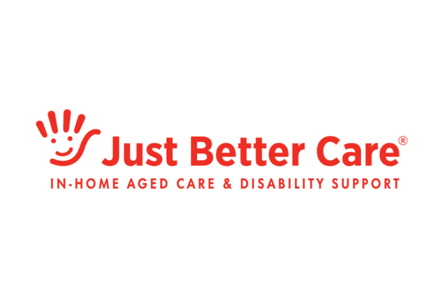 Logo for Just Better Care, an in-home aged care and disability support service, featuring a red hand with a smiling face on the fingers.