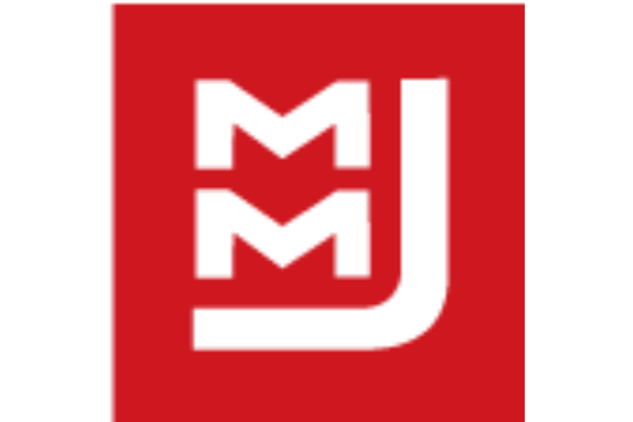 Red background with a white logo featuring stylized letters 'M', 'M', and 'J' interconnected.