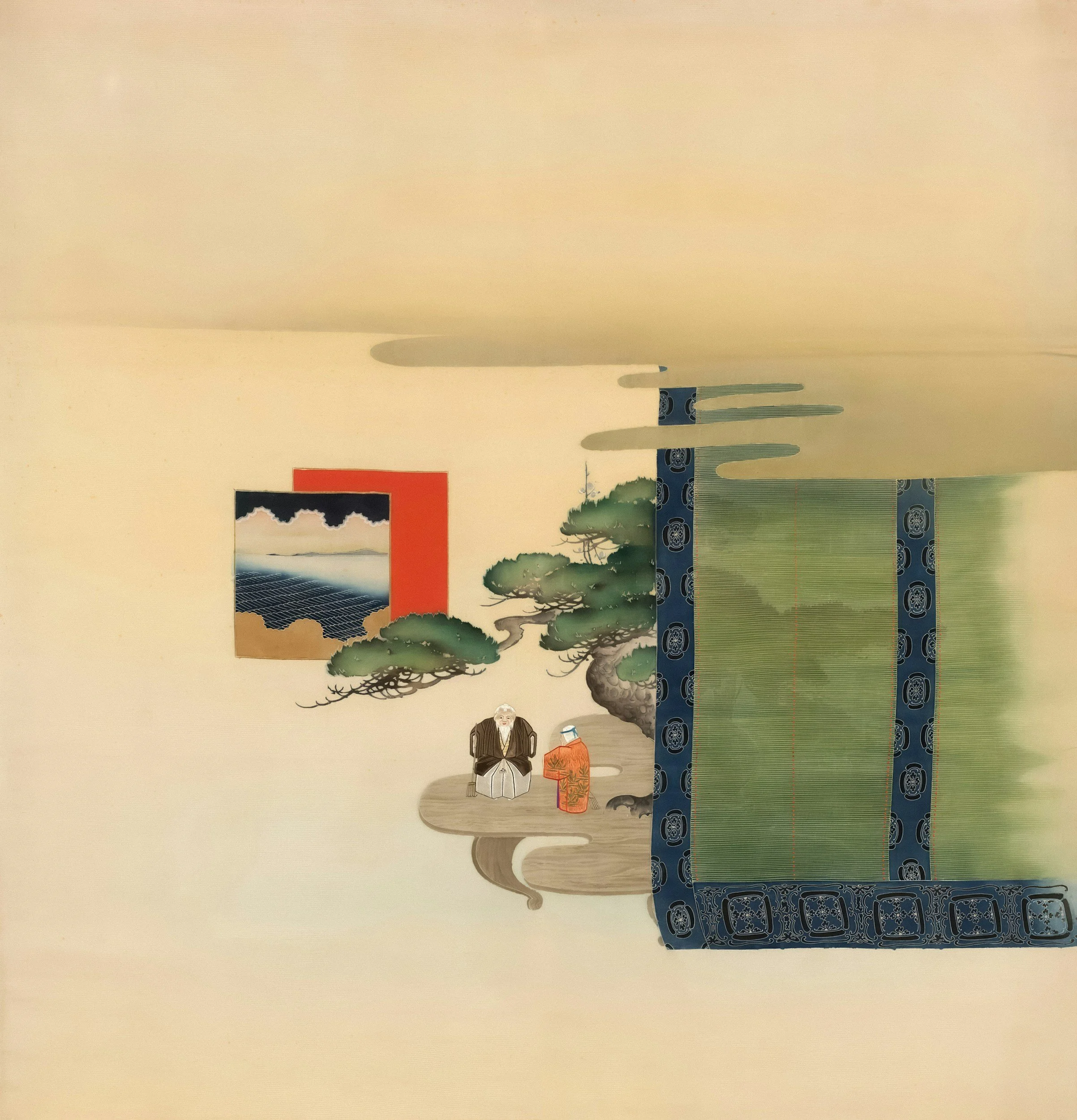 Traditional Japanese wall hanging depicting two elderly men sitting on a wooden platform under a pine tree, with a green tatami mat and decorative border, a landscape painting with mountains, water, and solar panels on the wall.