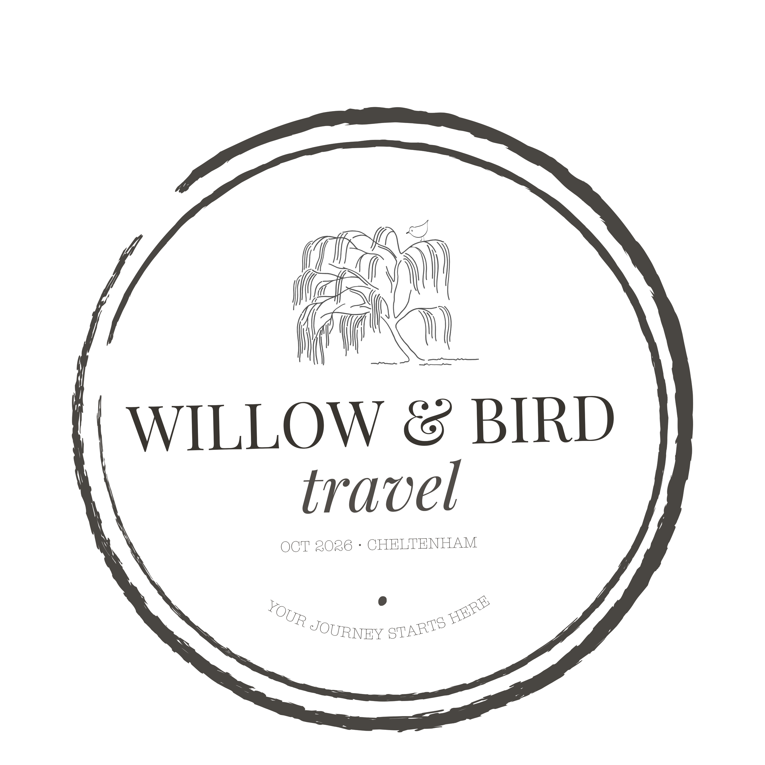A black background with a circular design featuring a whimsical tree in the center. Surrounding the tree are words that say 'Willow & Bird' and 'Travel,' along with a date and location 'Oct 2026, Cheltenham.' The text and design elements have a delicate, hand-drawn style.