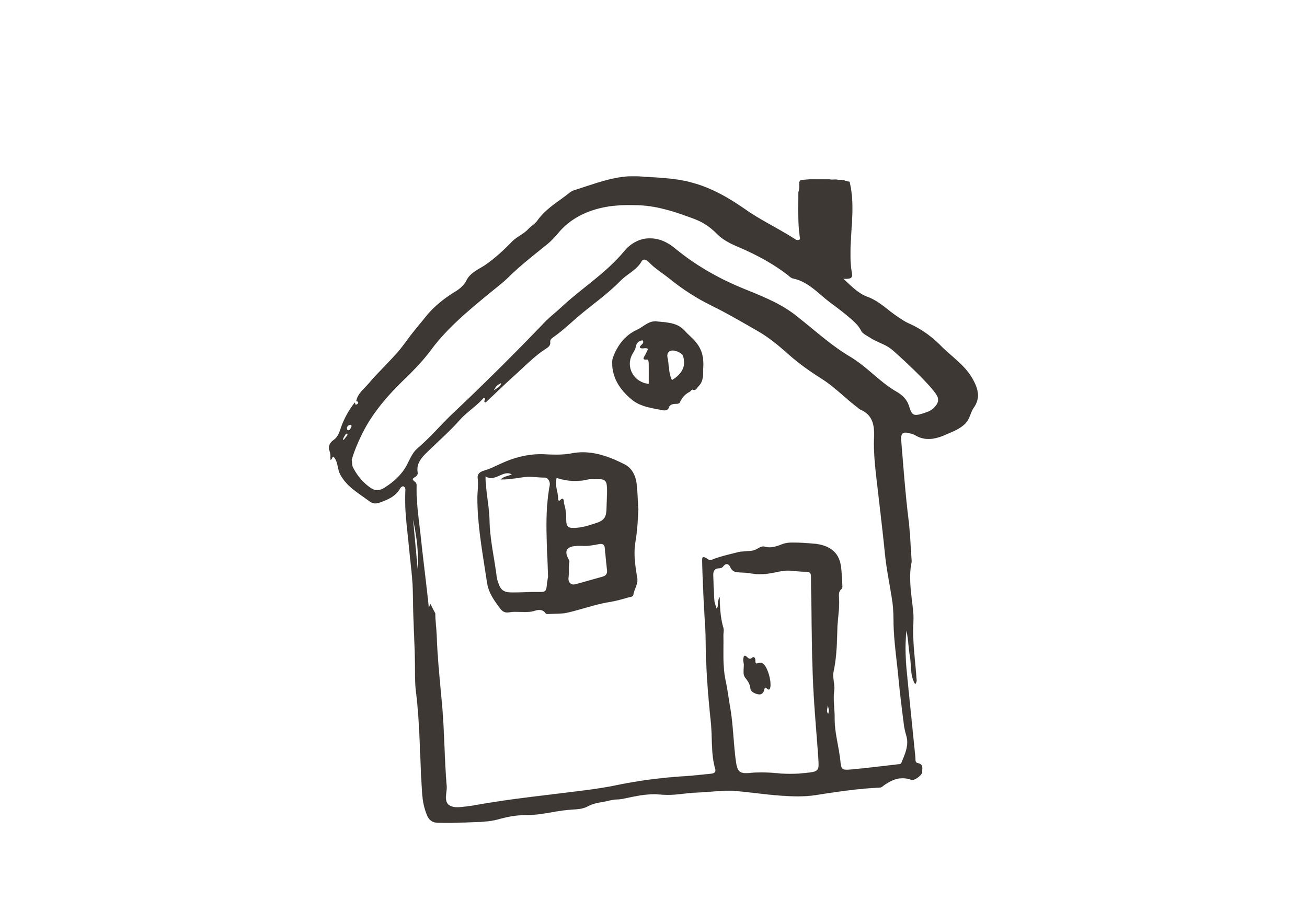 A simple line drawing of a house with a chimney, window, and door.
